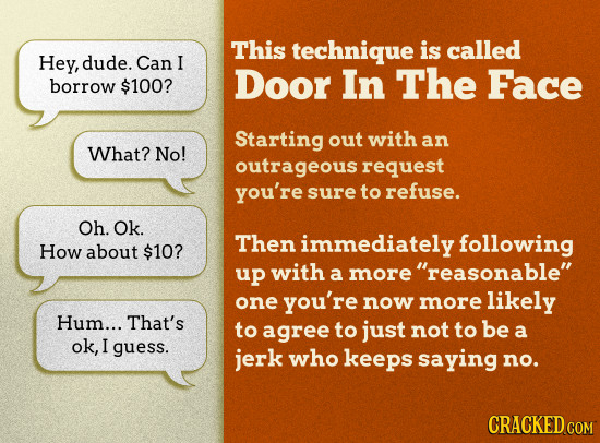 This technique is called Hey, dude. Can I The $100? Door In Face borrow Starting out with an What? No! outrageous request you're sure to refuse. Oh. O