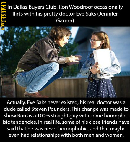 CRACKED.CON In Dallas Buyers Club, Ron Woodroof occasionally flirts with his pretty doctor Eve Saks (Jennifer Garner) Actually, Eve Saks never existed