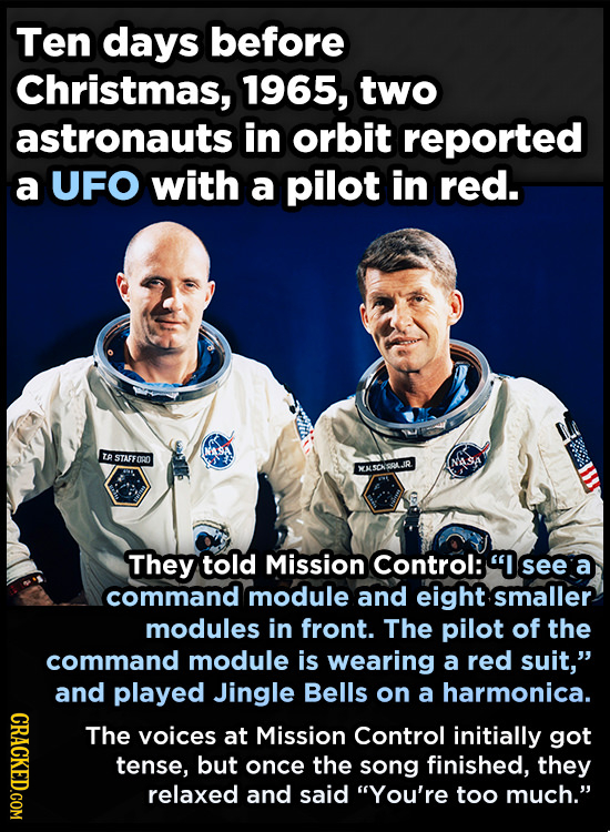Ten days before Christmas, 1965, two astronauts in orbit reported a UFO with a pilot in red. NASA T STATFORO NASTA ENKSCHSQLJR They told Mission Contr