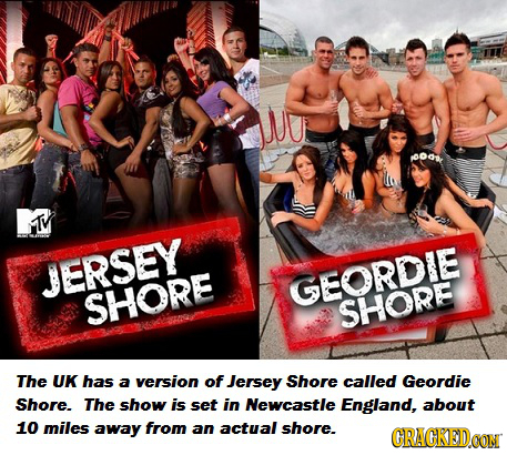 C0OS, T JERSEY GEORDIE SHORE SHORE The UK has a version of Jersey Shore called Geordie Shore. The show is set in Newcastle England, about 10 miles awa