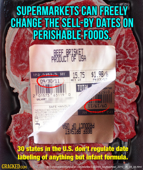 SUPERMARKETS CAN FREELY CHANGE THE SELL-BY DATES ON PERISHABLE FOODS. BEEF BRISKET PRODUCT OF USA UIS /L0LI-/ HY 15.75 $1.98/ 09/30/11 HET WT PRICF/T