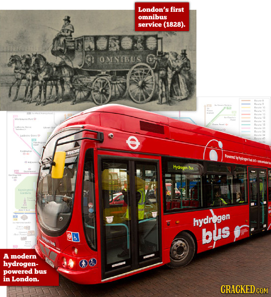 London's first omnibus service (1828). 0 OMNEBUS Humed gp Hydrogen Bax O hydregen bus A modern hydrogen- powered bus in London. CRACKED COM