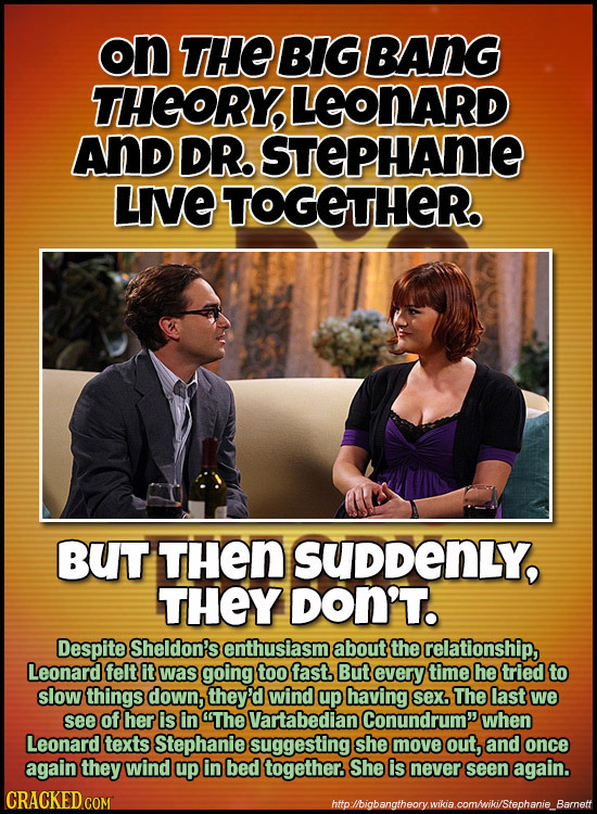 on THE BIG BANG THORY, LEONARD ANd DR STEPHANIE LIE TOGETHER BUT THen SUDDENLY, THEY DON'T. Despite Sheldon's enthusiasm about the relationship, Leona
