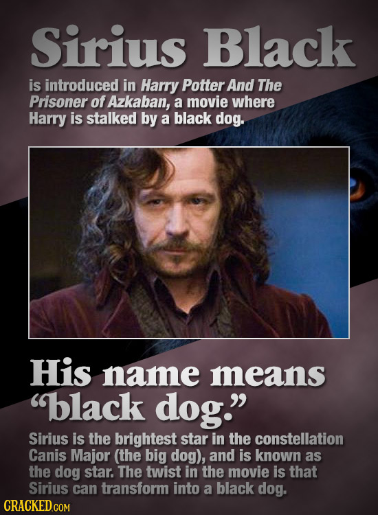 Sirius Black is introduced in Harry Potter And The Prisoner of Azkaban, a movie where Harry is stalked by a black dog. His name means black dog. Sir