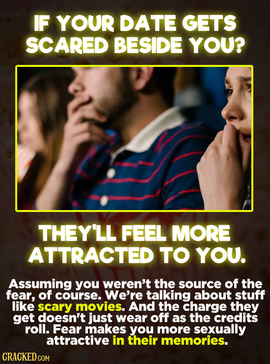 IF YOUR DATE GETS SCARED BESIDE YOU? THEY'LL FEEL MORE ATTRACTED TO YOU. Assuming you weren't the source of the fear, of course. We're talking about s