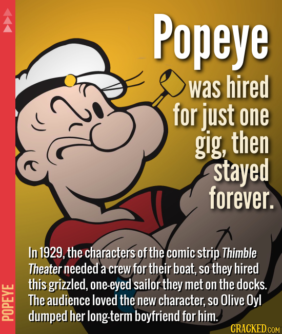 Popeye was hired for just one gig, then stayed forever. In 1929, the characters of the comic strip Thimble Theater needed a crew for their boat, so th