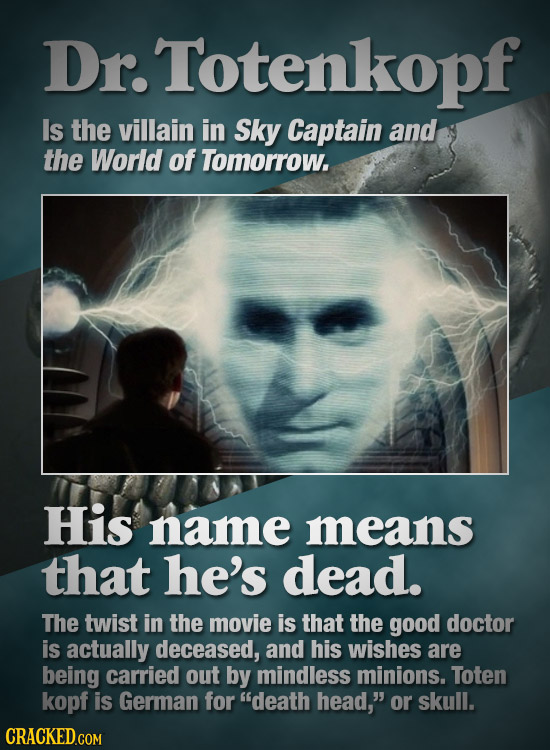 Dr. Totenkopf Is the villain in Sky Captain and the World of Tomorrow. His name means that he's dead. The twist in the movie is that the good doctor i