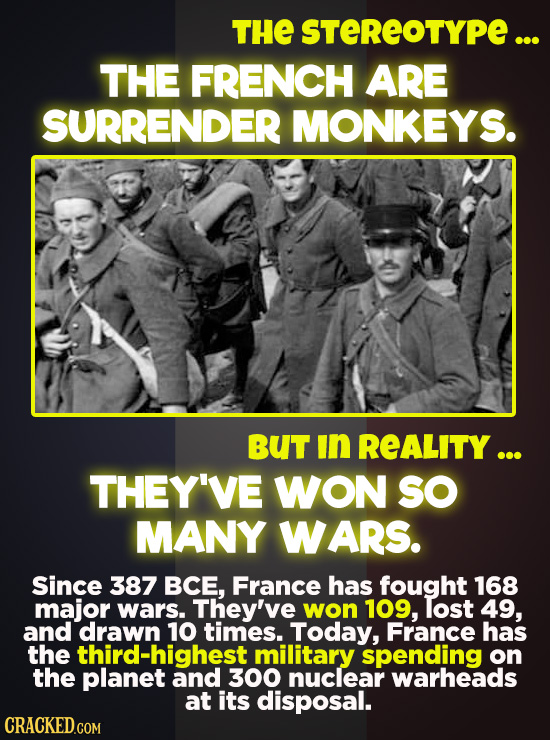 THE STEREOTYPE ... THE FRENCH ARE SURRENDER MONKEYS. BUT in REALITY ... THEY'VE WON SO MANY WARS. Since 387 BCE, France has fought 168 major wars. The