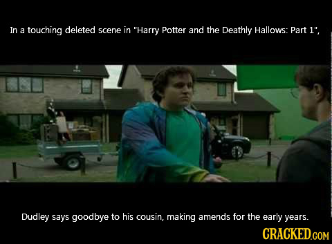 In a touching deleted scene in Harry Potter and the Deathly Hallows: Part 1, Dudley says goodbye to his cousin, making amends for the early years.