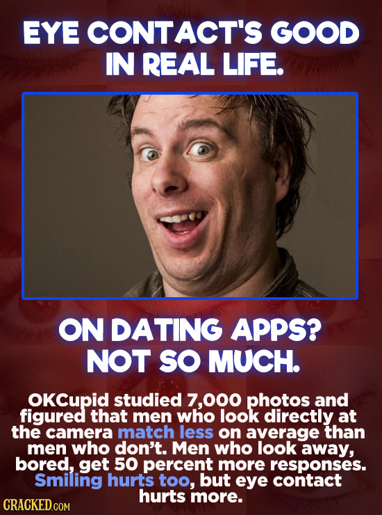 EYE CONT ACT'S GOOD IN REAL LIFE. ON DATING APPS? NOT SO MUCH. OKCupid studied 7,000 photos and figured that men who look directly at the camera match