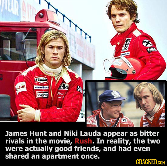 O TEXACO arbon con GOODVEAA CHAMPION Imes AELE James Hunt and Niki Lauda appear as bitter rivals in the movie, Rush. In reality, the two were actually