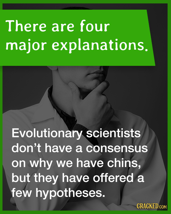 There are four major explanations. Evolutionary scientists don't have a consensus on why we have chins, but they have offered a few hypotheses. CRACKE