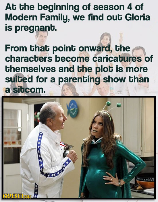 At the beginning of season 4 of Modern Family, we find out Gloria is pregnant. From that point onward, the characters become caricatures of themselves