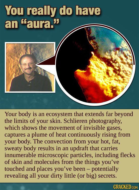 You really do have an aura. Your body is an ecosystem that extends far beyond the limits of your skin. Schlieren photography, which shows the moveme
