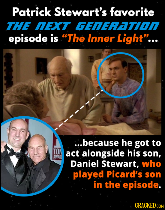Patrick Stewart's favorite THE NEXT GENERATI0N episode is The Inner Light... ::.because he got to TON act alongside his son, AWAR Daniel Stewart, wh