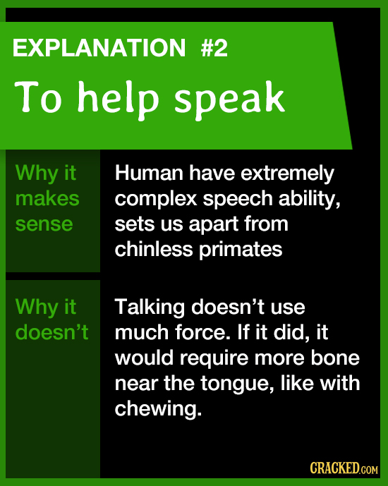 EXPLANATION #2 To help speak Why it Human have extremely makes complex speech ability, sense sets us apart from chinless primates Why it Talking doesn