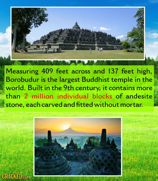 Measuring 409 feet across and 137 feet high, Borobudur is the largest Buddhist temple in the world. Built in the 9th century, it contains more than 2