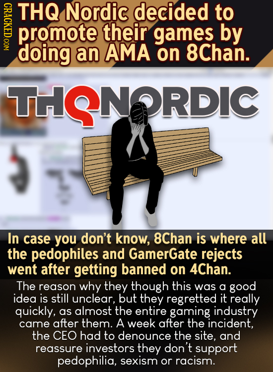 CRACKED.COM THQ Nordic decided to promote their games by doing an AMA on 8Chan. ORDIC NORDIC In case you don't know, 8Chan is where all the pedophiles