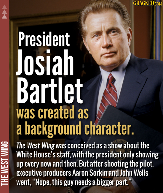 President Josiah Bartlet was created as a background character. The West Wing was conceived as a show about the White House's staff, with
