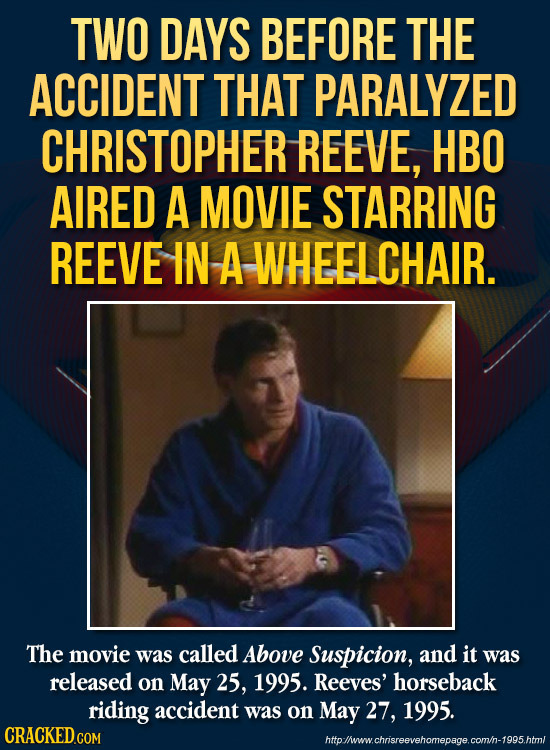 TWO DAYS BEFORE THE ACCIDENT THAT PARALYZED CHRISTOPHER REEVE, HBO AIRED A MOVIE STARRING REEVE IN A WHEELCHAIR. The movie was called Above Suspicion,