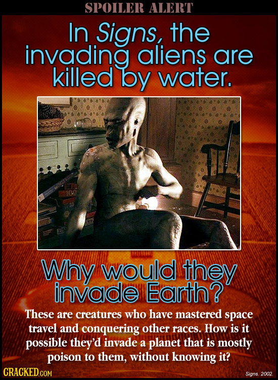 SPOILER ALERT In Signs, the invading aliens are killed by water. Why would they invalde Eorth? These are creatures who have mastered space travel and