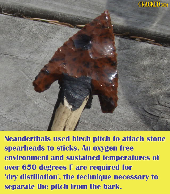 Neanderthals used birch pitch to attach stone spearheads to sticks. An oxygen free environment and sustained temperatures of over 650 degrees F are re