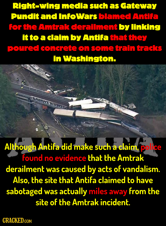 Right-wing media such as Gateway Pundit and Infowars blamed Antifa for the Amtrak derailment by linking it to a claim by Antifa that they poured concr