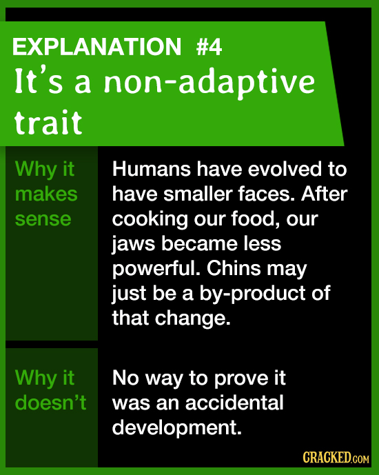 EXPLANATION #4 It's a non-adaptive trait Why it Humans have evolved to makes have smaller faces. After sense cooking our food, our jaws became less po