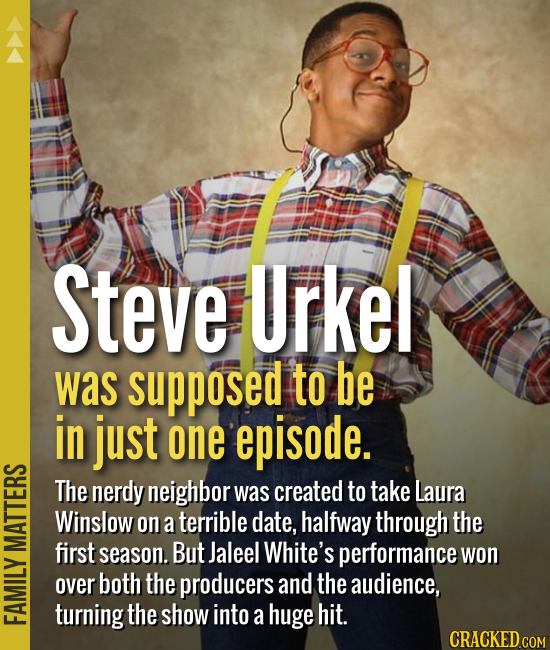 Steve Urkel was supposed to be in just one episode. The nerdy neighbor was created to take Laura Winslow on a terrible date, halfway through the first