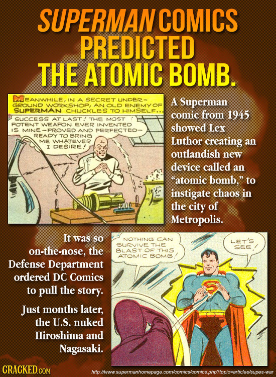 SUPERMANCOMICS PREDICTED THE ATOMIC BOMB. DOEANWHILE, IN SECRET UNDER - A Superman GROUND WORKSHOP, AN OLD ENEMYOF SUPERMAN CHUICKLEES TO HIMSELF.. co