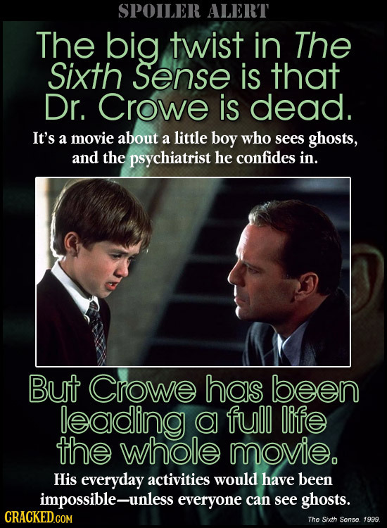 SPOILER ALERT The big twist in The Sixth Sense is that Dr. Crowe is dead. It's a movie about a little boy who sees ghosts, and the psychiatrist he con