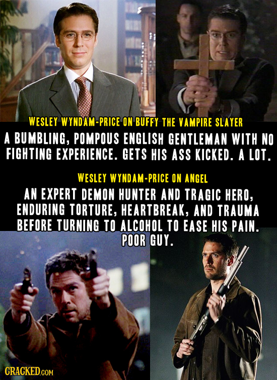 WESLEY WYNDAM-PRICE ON BUFFY THE VAMPIRE SLAYER A BUMBLING, POMPOUS ENGLISH GENTLEMAN WITH NO FIGHTING EXPERIENCE. GETS HIS ASS KICKED. A LOT. WESLEY 