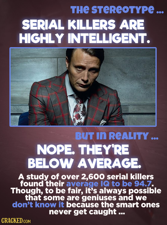 THE STEREOTYPE ... SERIAL KILLERS ARE HIGHLY INTELLIGENT. BUT In REALITY... NOPE. THEY'RE BELOW AVERAGE. A study of over 2, 600 serial killers found t
