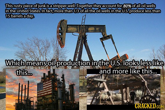 This rusty piece of junk is a stripper well. Together they account for 80% of all oil wells in the United States. In fact, more than 1/3 of all the oi