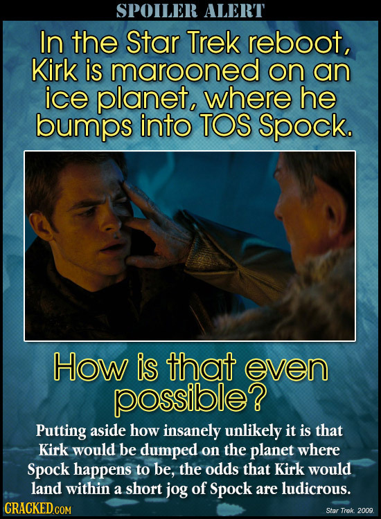 SPOILER ALERT In the Star Trek reboot, Kirk is marooned on an ice planet, where he bumps into TOS Spock. How is that even possible? Putting aside how