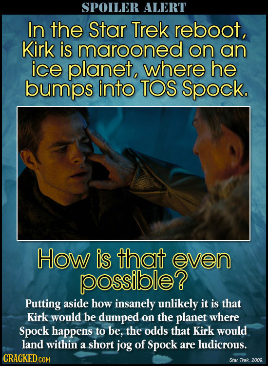 SPOILER ALERT In the Star Trek reboot, Kirk is marooned on an ice planet, where he bumps into TOS Spock. How is that even possible? Putting aside how 
