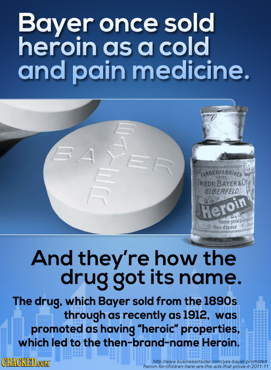 Bayer once sold heroin as a cold and pain medicine. BAYER \l EARBENFABRIKEN Vr FRIEDR.BAYER ELBERFELD: Heroin Name gesettunge Nom depose And they're h