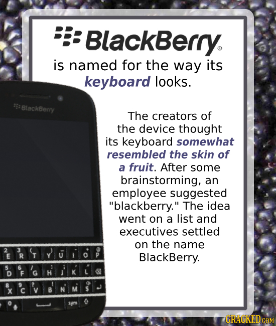 B: BlackBerry. is named for the way its keyboard looks. BlackBery The creators of the device thought its keyboard somewhat resembled the skin of a fru