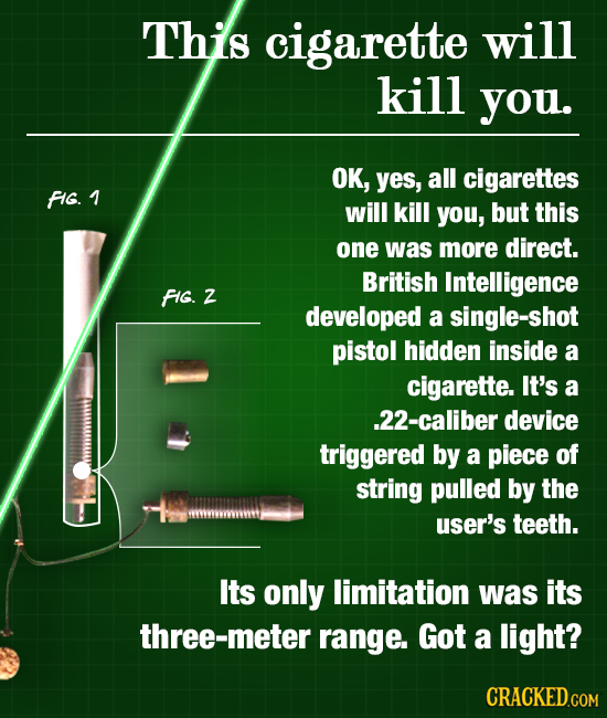 This cigarette will kill you. OK, yes, all cigarettes FIG. 1 will kill you, but this one was more direct. British Intelligence FG. Z developed a singl