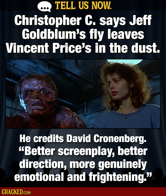 TELL US NOW. Christopher C. says Jeff Goldblum's fly leaves Vincent Price's in the dust. He credits David Cronenberg. Better screenplay, better direc