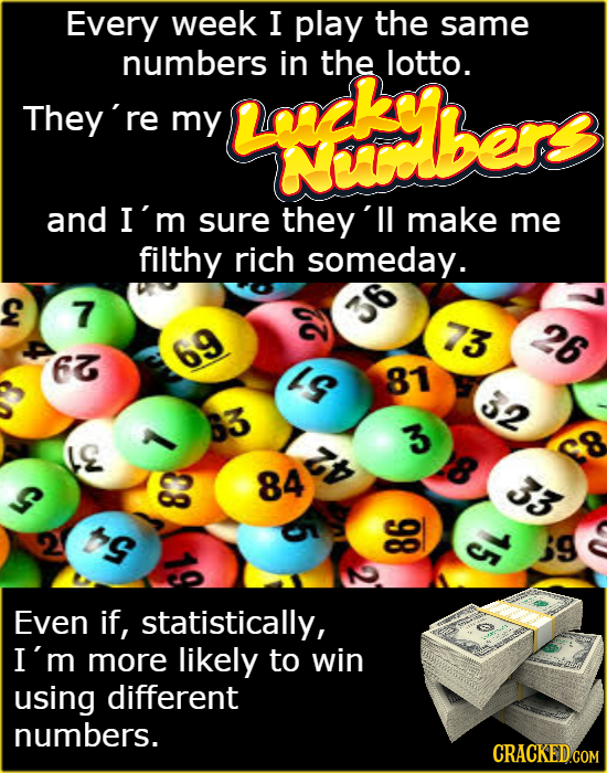 Every week I play the same numbers Ltbers in the lotto. They're re my and I'm sure they ll make me filthy rich someday. 7 73 26 66 69 IG 81 32 3 3 L g