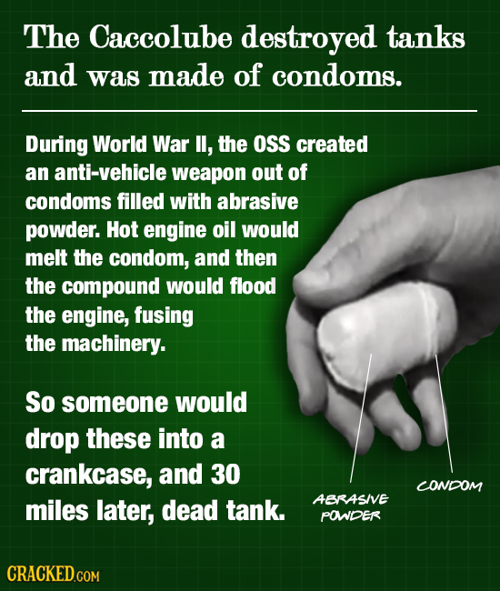 The Caccolube destroyed tanks and was made of condoms. During World War II, the OSS created an anti-vehicle weapon out of condoms filled with abrasive