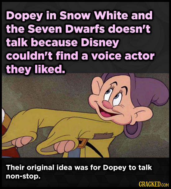 Dopey in Snow White and the Seven Dwarfs doesn't talk because Disney couldn't find a voice actor they liked. Their original idea was for Dopey to talk