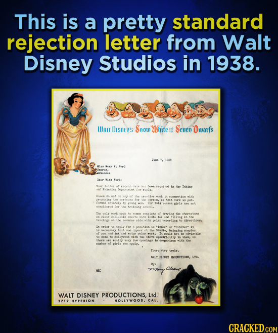 This is a pretty standard rejection letter from Walt Disney Studios in 1938. WAT DISnE's Snow White Seven Owarfs 1i4 Yord rkas Desr Ismte Your letta o