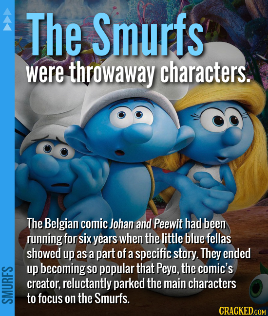 The Smurfs were throwaway characters. The Belgian comic Johan and Peewit had been running for six years when the little blue fellas showed up as a par