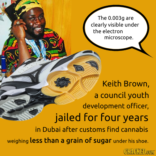 The 0.003g are clearly visible under the electron microscope. Keith Brown, a council youth development officer, jailed for four years in Dubai after c