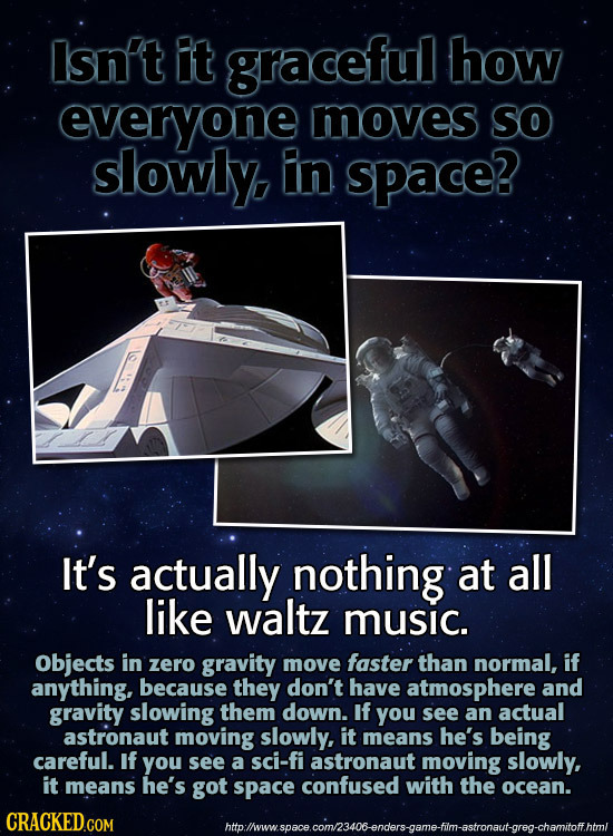 Isn't t graceful how everyone moves So slowly. In space? It's actually nothing at all like waltz music. Objects in zero gravity move faster than norma