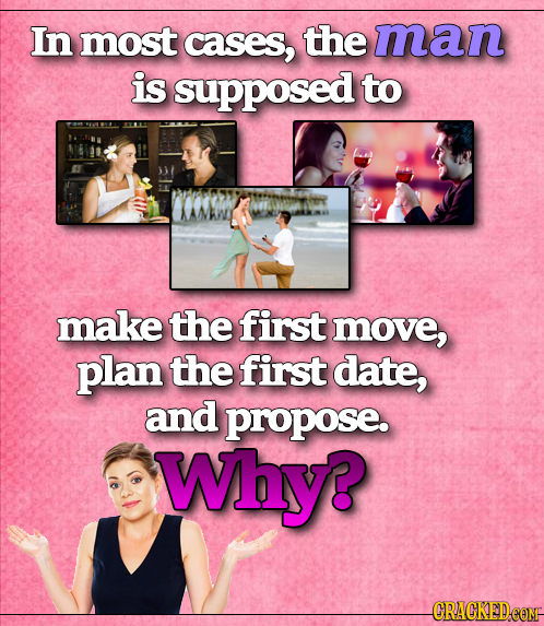 In most cases, the man is supposed to make the first move, plan the first date, and propose. Why?