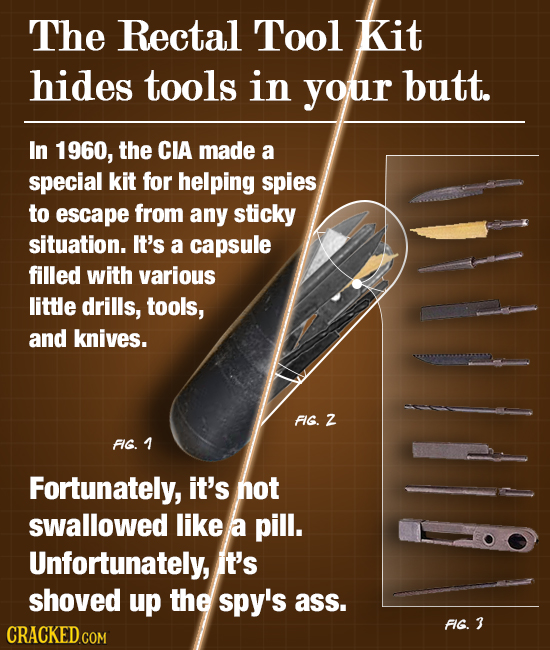 The Rectal Tool Kit hides tools in your butt. In 1960, the CIA made a special kit for helping spies to escape from any sticky situation. It's a capsul