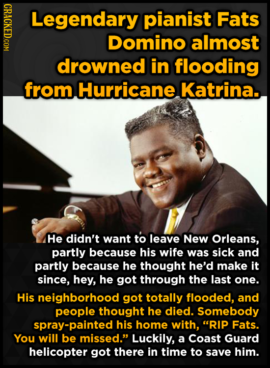 CRACY Legendary pianist Fats Domino almost drowned in flooding from Hurricane Katrina.. He didn't want to leave NeW Orleans, partly because his wife w